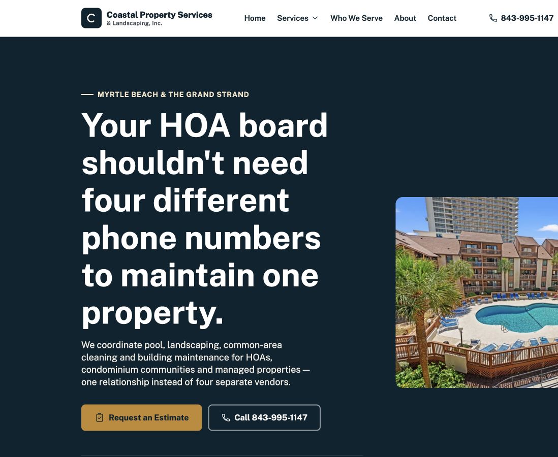 Coastal Property Services website homepage for HOA and community property maintenance