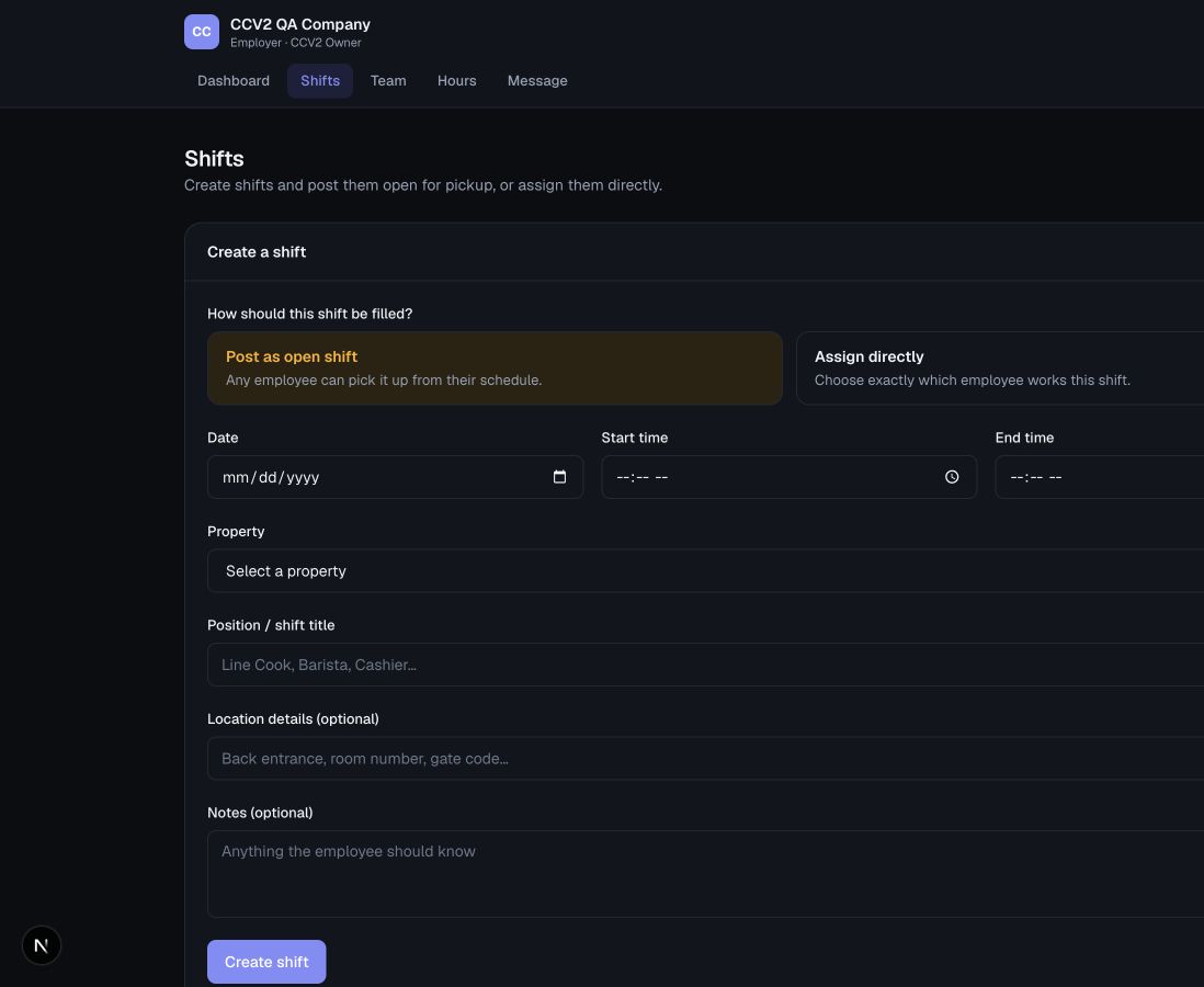 Current Crew Command scheduling screen with property assignment, shift controls, and operational records