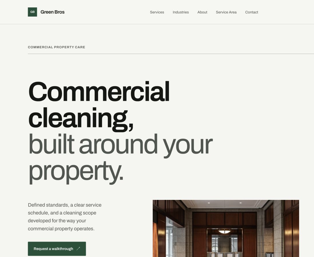 Green Bros commercial cleaning website homepage with service positioning and walkthrough call to action