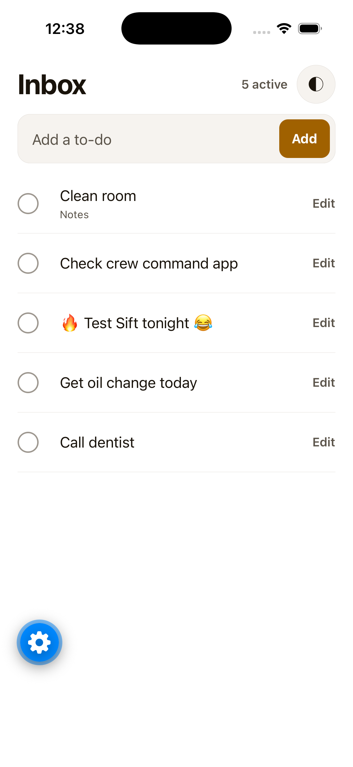 Current Sift iOS inbox showing locally stored tasks, quick capture, completion controls, and appearance settings