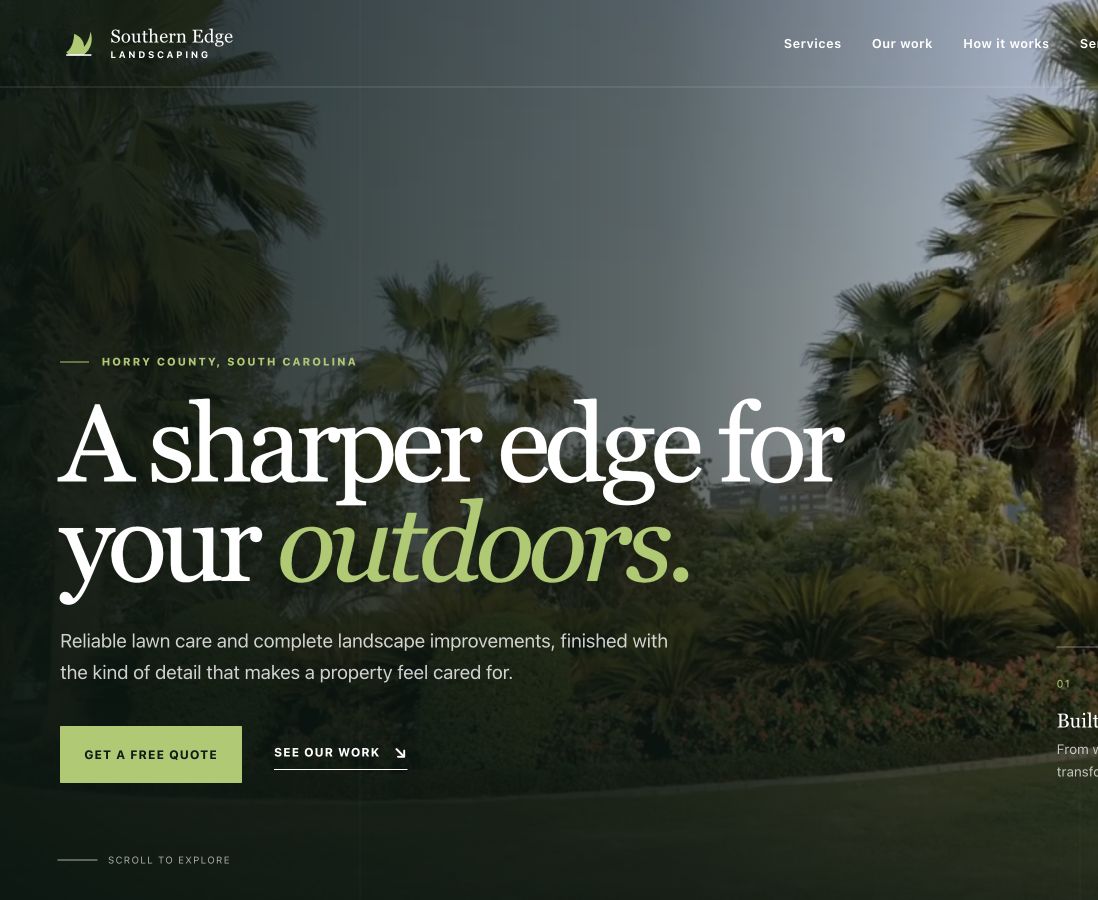 Southern Edge Landscaping homepage with Horry County service positioning and quote actions