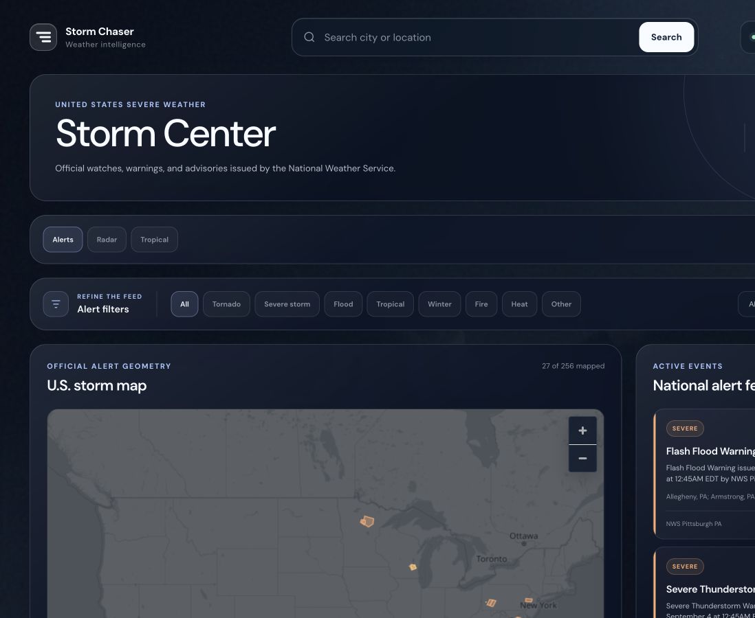 Current Storm Chaser severe-weather center with official alert geometry, filters, and a national event feed